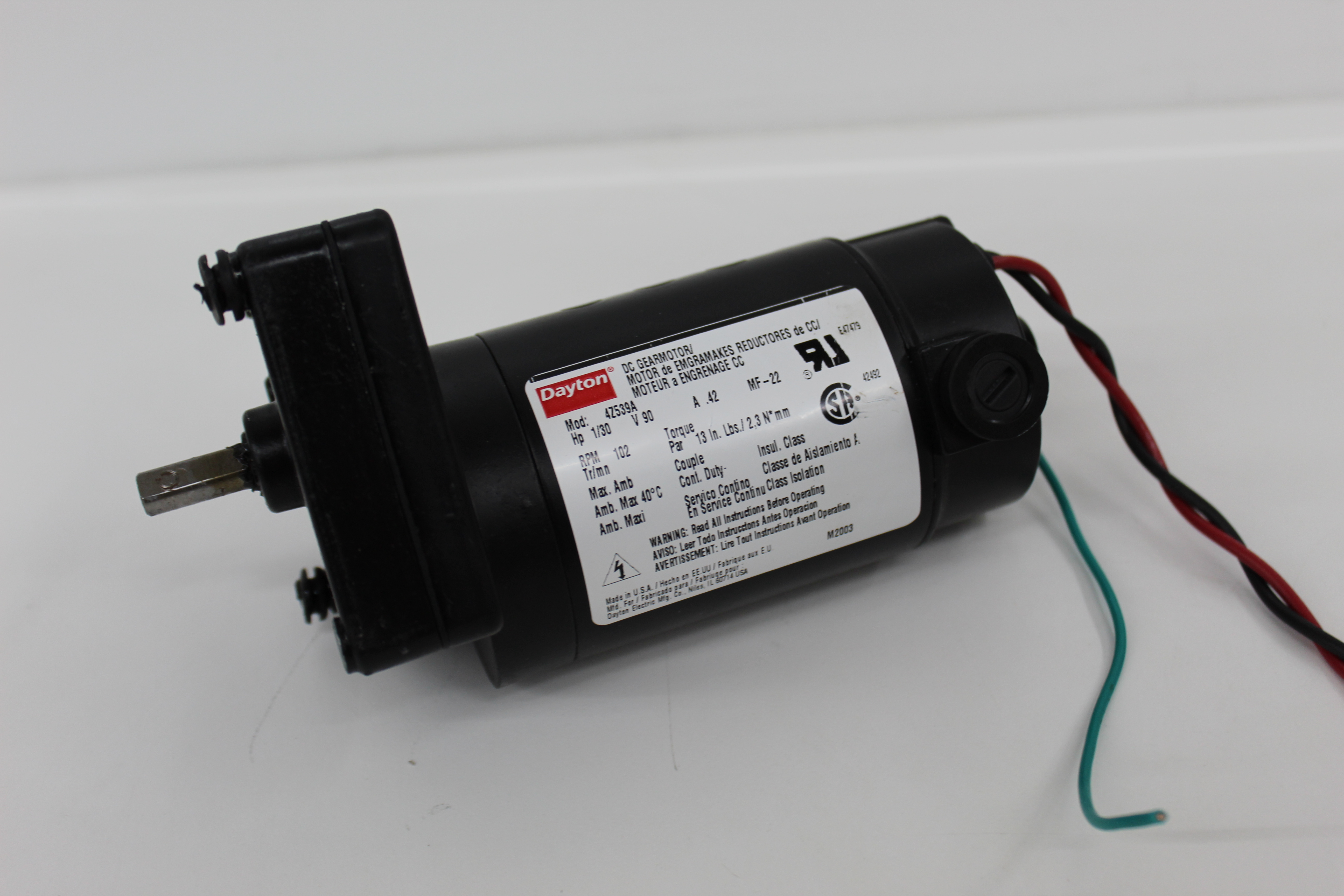 Used Dayton 4Z539A Permanent Magnet DC Gearmotor 1/30 HP 90V 0.42A 102 RPM