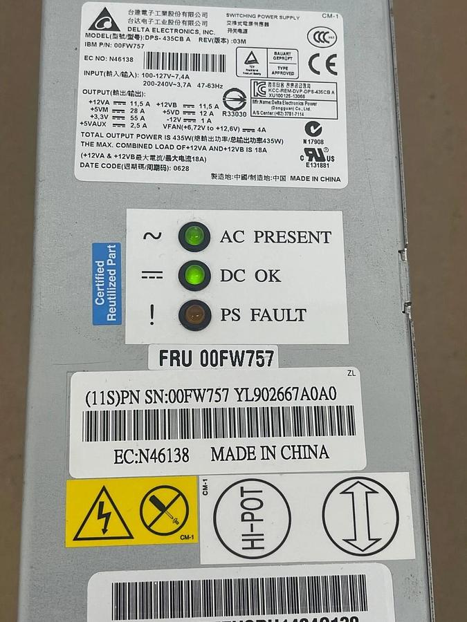 Used Delta DPS-435CB A Switching Power Supply (IBM 00FW757)