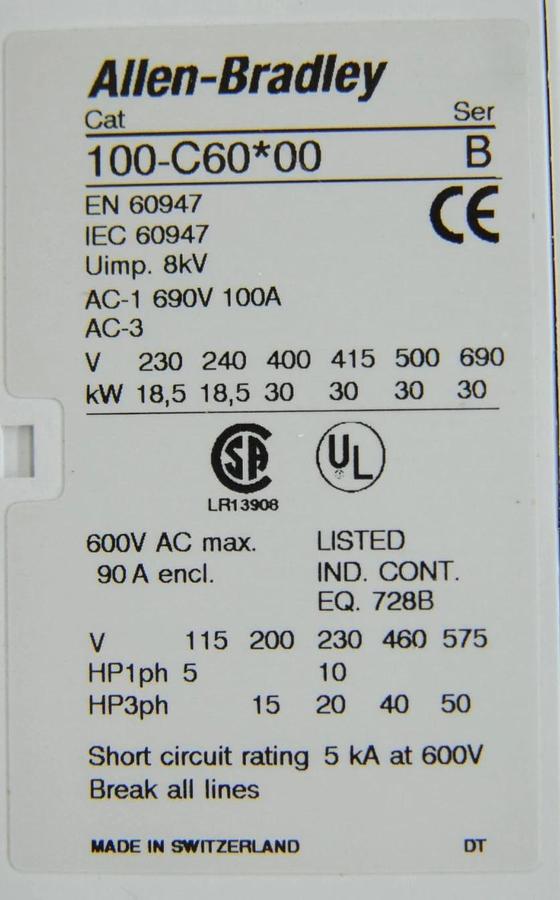 Used Allen-Bradley 100-C60J10 100-C 3-Pole 60A 24V IEC Contactor