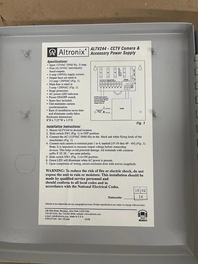 Used Altronix ALTV244 4 Fused Outlet AC Wall Mount CCTV Power Supply