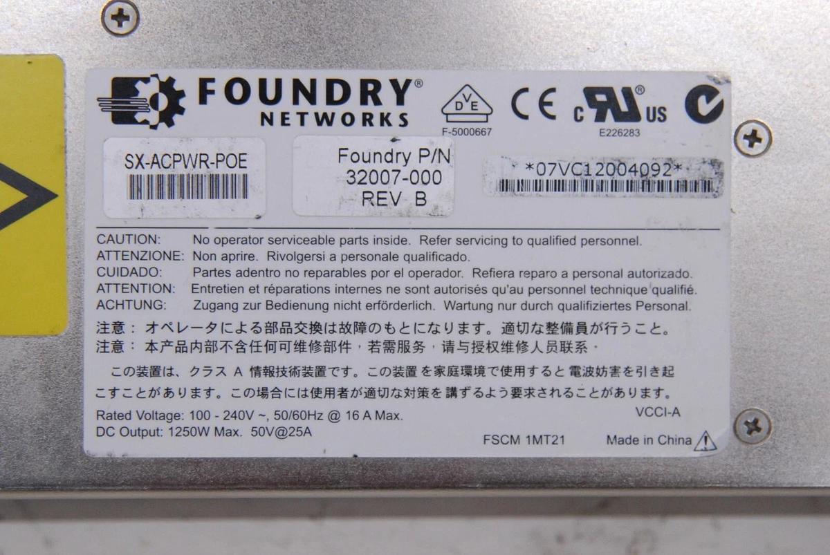 Used Foundry Networks SX-ACPWR-POE 1250W FastIron SuperX/SX800/SX1600 AC Power Supply