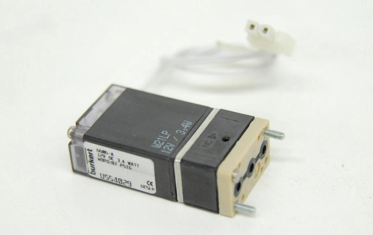 Used Burkert 6606-A Direct-Acting Rocker Solenoid Valve (12 VDC, 3.4 W, 87 PSIG)
