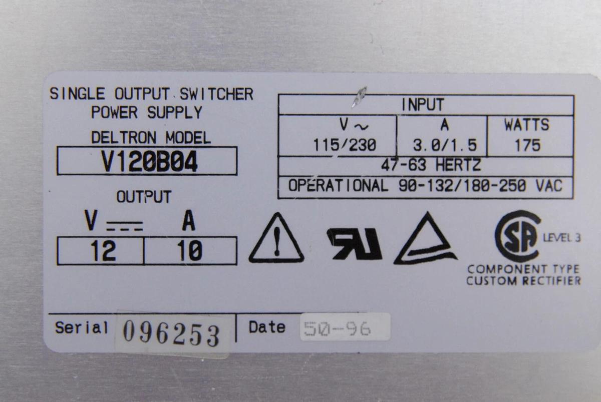 Used Deltron V120B04 Single Output Switcher Power Supply 115/230V 175W 12V 10A
