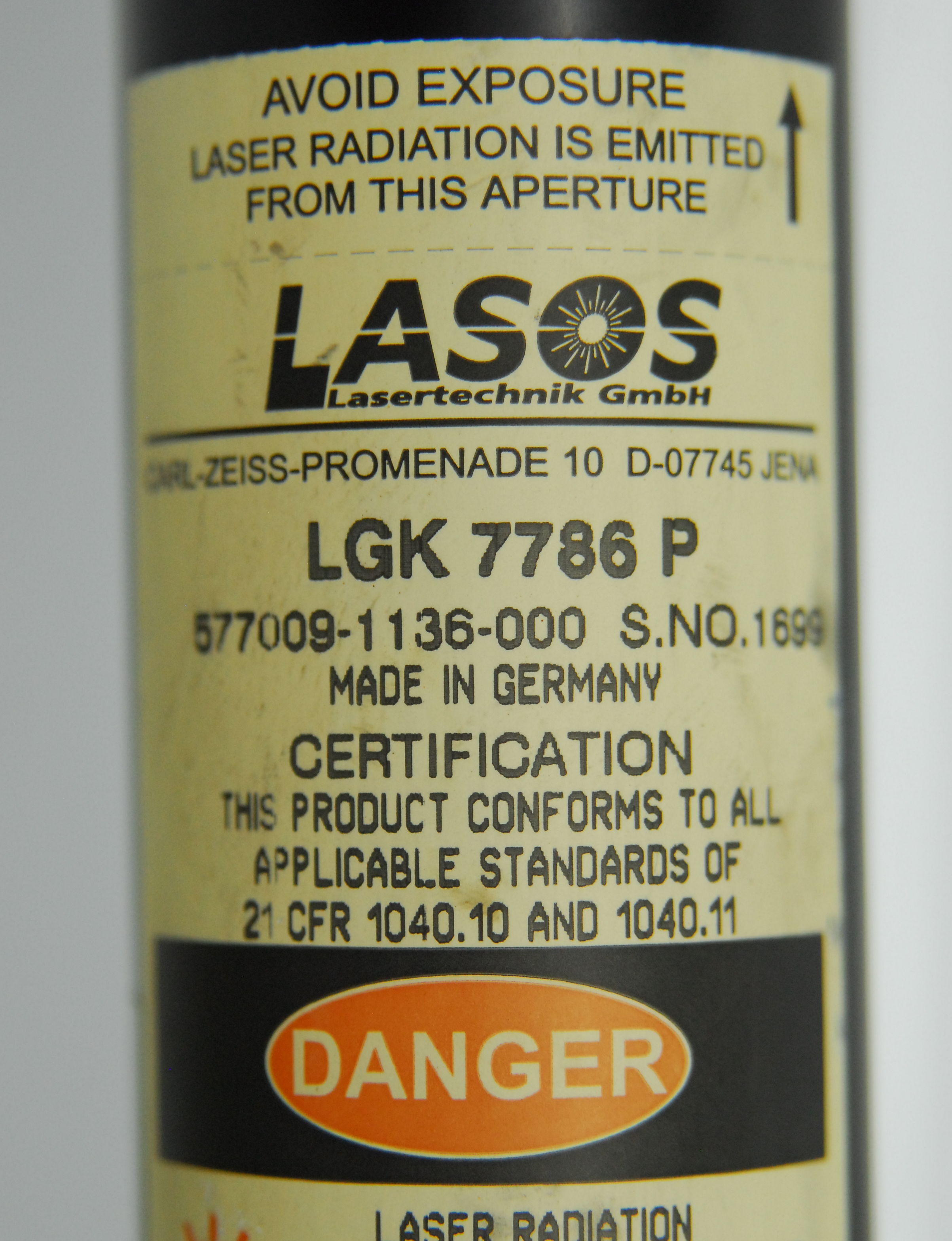 Used Lasos LGK 7786 P He-Ne 543nm Laser Tube Head (Green) w/ LGN 7460 A Power Supply