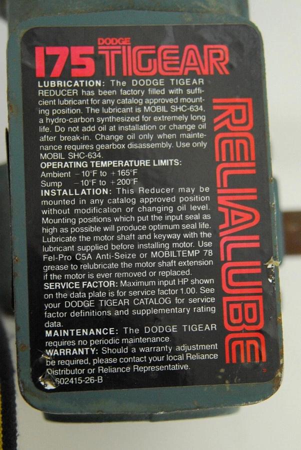 Used Reliance P56X1337T-YZ Duty Master AC Motor W/ Dodge Tigear MR94755 Gear Reducer