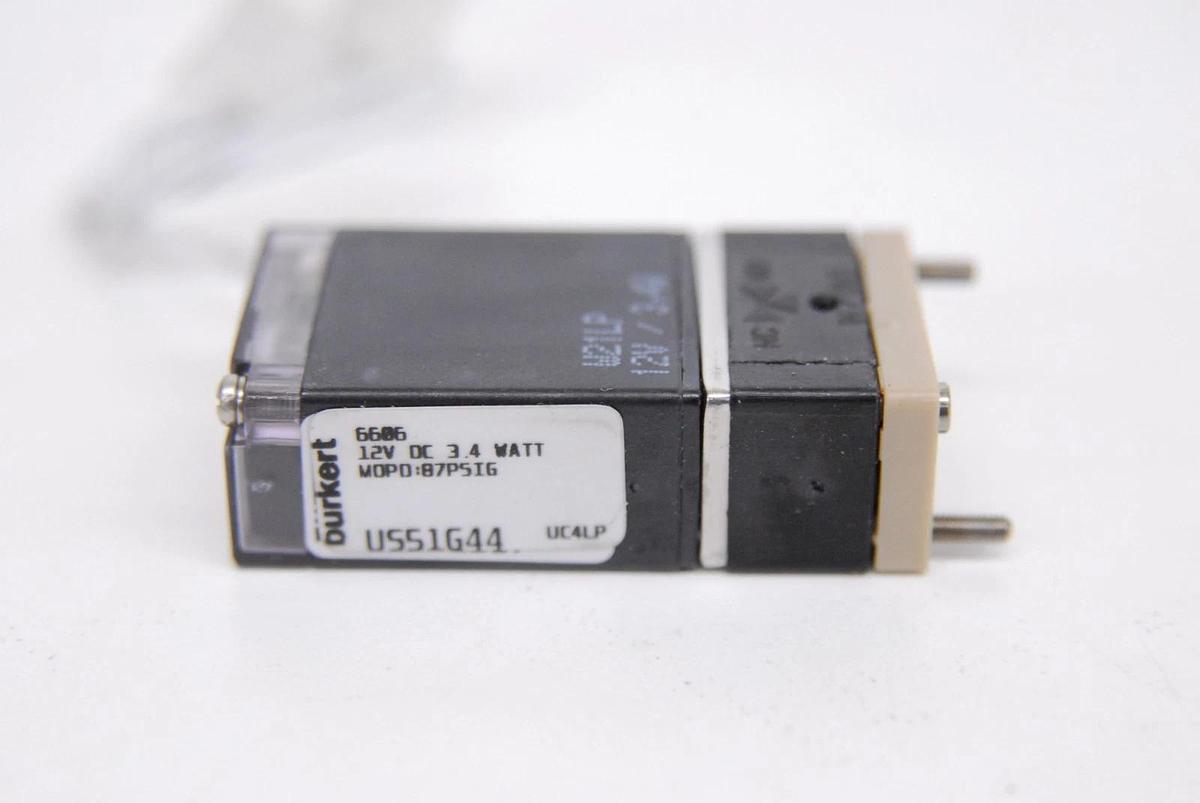 Used Burkert 6606 Direct-Acting Rocker Solenoid Valve (12 VDC, 3.4 W, 87 PSIG)