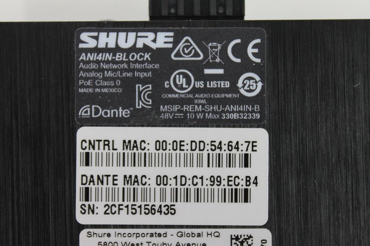 Used Shure ANI4IN-BLOCK 4-Channel Dante Mic/Line Audio Network Interface Unit