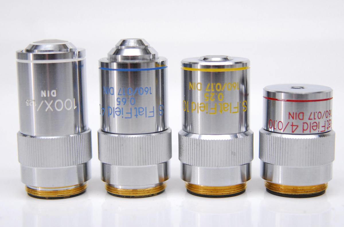 Used Meiji S.FlatField Microscope Objective Lens Set - 4x/10x/40x/100x 160/0.17 RMS