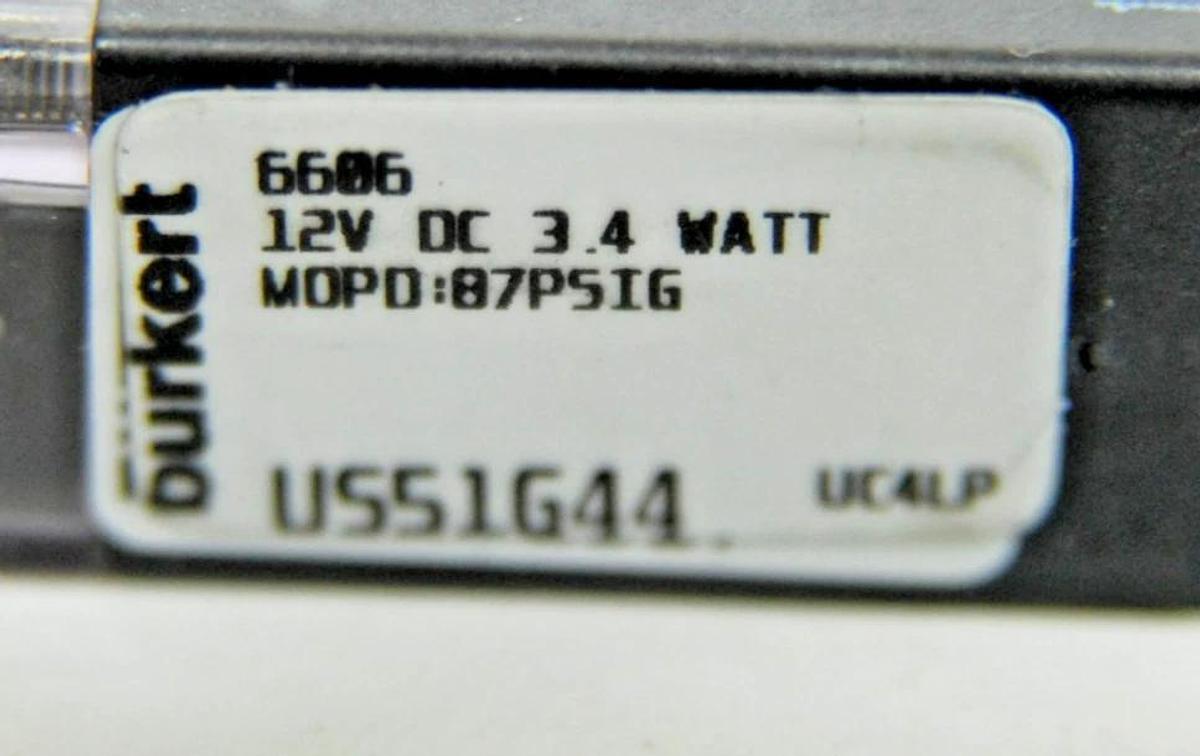 Used Burkert 6606 Direct-Acting Rocker Solenoid Valve (12 VDC, 3.4 W, 87 PSIG)