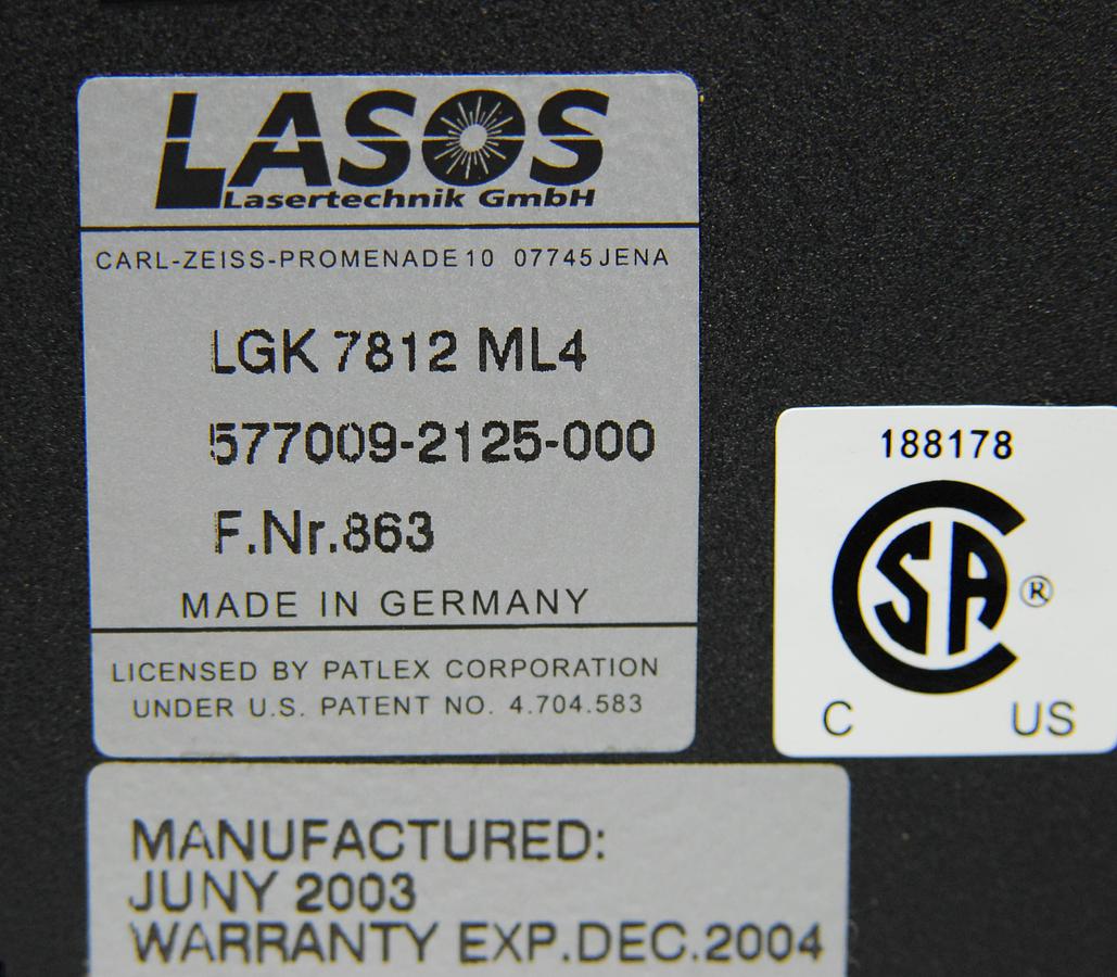 Used Lasos LGK 7812 ML4 Ar-Ion Laser 450-530nm w/ LGN 7812 Power Supply - LMS 510