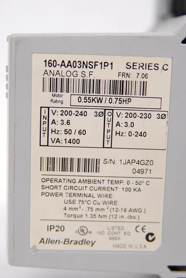 Used Allen-Bradley 160-AA03NSF1P1 7.06 C Variable Frequency Drive W/ 160-P1 Keypad
