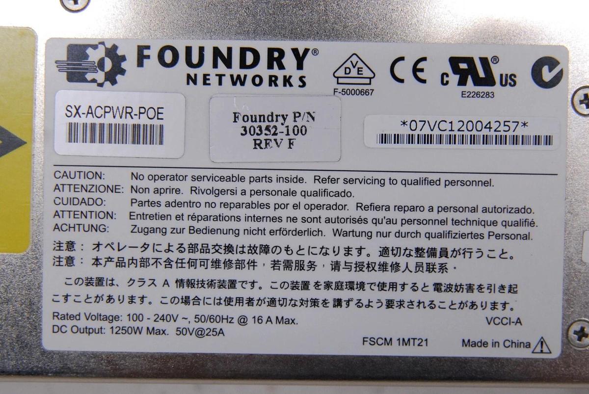 Used Foundry Networks SX-ACPWR-POE 1250W FastIron SuperX/SX800/SX1600 AC Power Supply