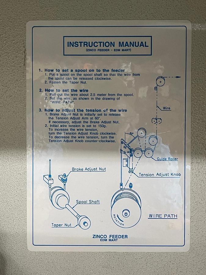 Used Zinco EDM Wire Feeder W/ Pole Guide & Documentation