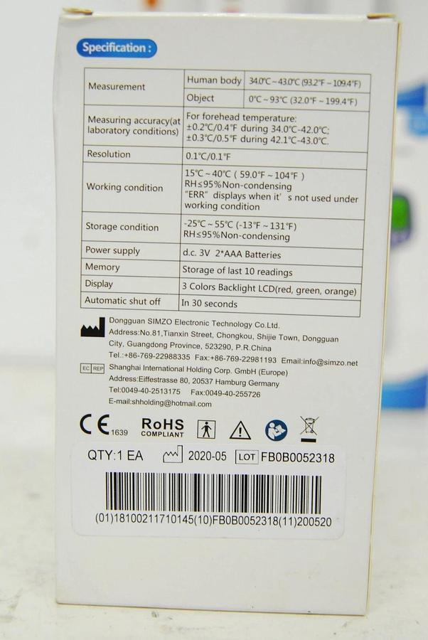 Used Simzo HW-F7 Non-Contact Forehead Thermometer San Jamar THDG986 - 3 Color Display