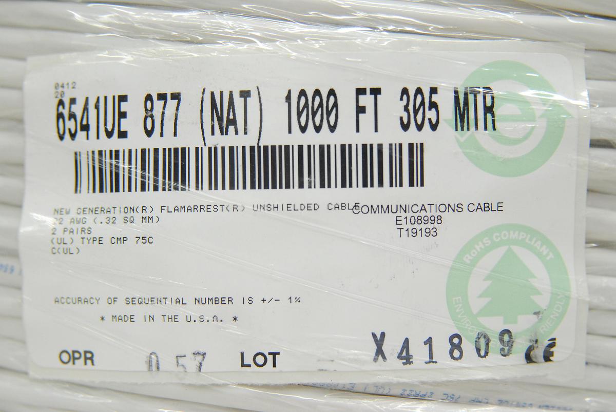 Used Belden 6541UE 877 (NAT) 1000 FT 305 MTR, 22 AWG, 2-pair Unshielded Cable