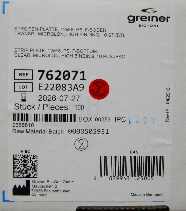 Used Greiner 762071 Strip Plate 12xF8 PS F-BOTTOM CLEAR MICROLON HIGH BINDING 100ct