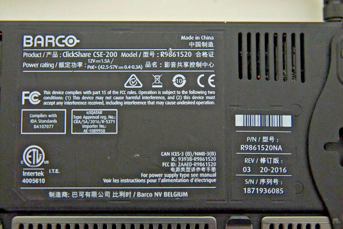 Used Barco ClickShare CSE-200 R9861520 W/ 4 Buttons, Button Holder - Read Description