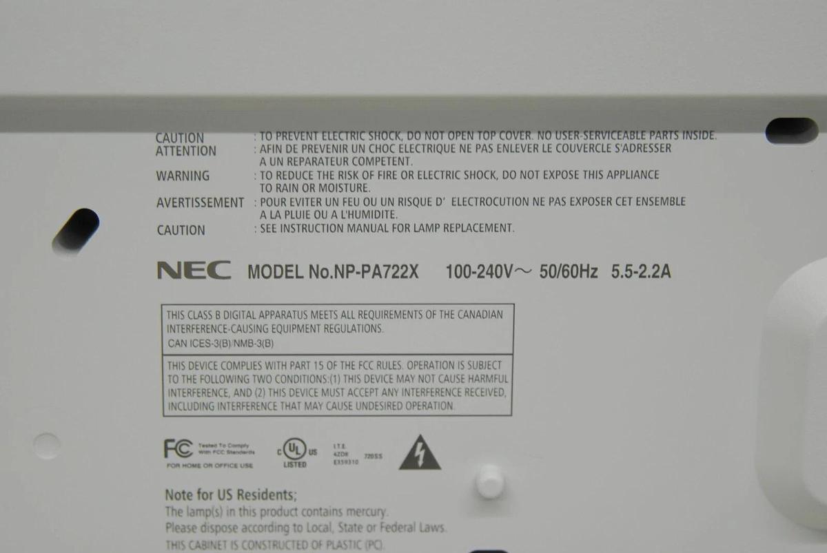 Used NEC NP-PA722X Dukane ImagePro 6772-L Multimedia Projector W/ NP13ZL Lens -TESTED