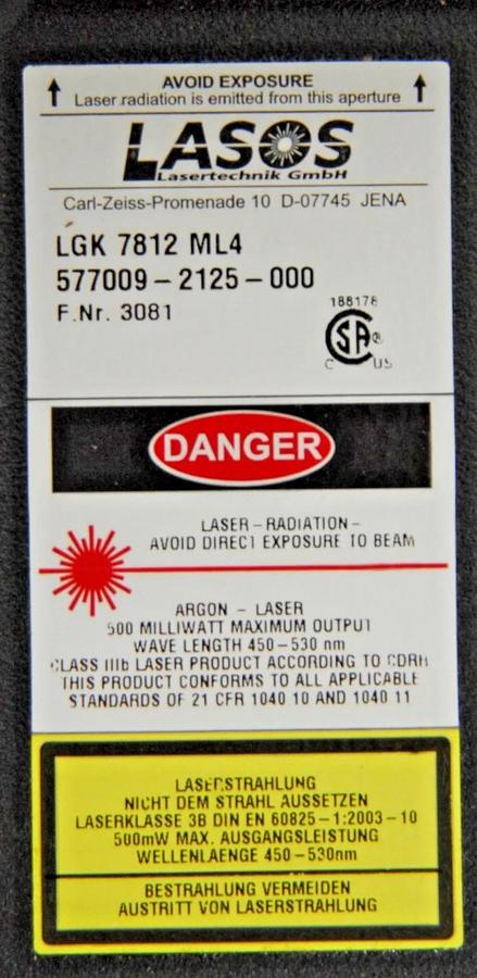 Used Lasos LGK 7812 ML4 Ar-Ion Laser 450-530nm W/ LGN 7812 Power Supply - LMS 510
