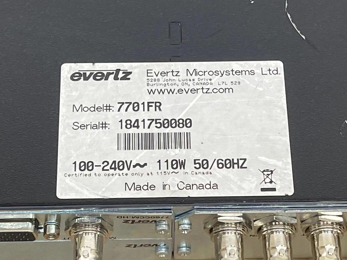 Used Evertz 7701 1RU Multiframe /W 7711UC-HD, 7760CCM-HD, 7736CD2-A4 Cards
