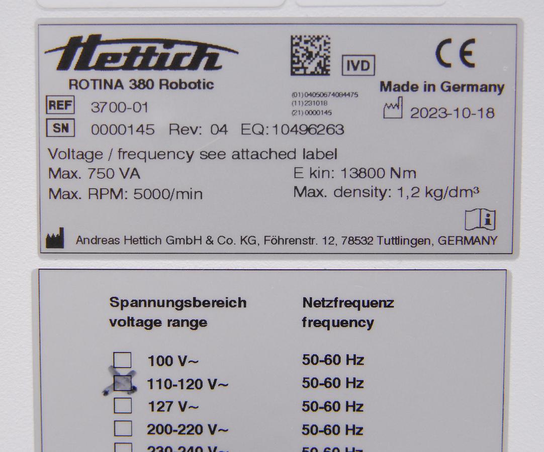 Used Hettich ROTINA 380 Robotic Automated Benchtop Centrifuge W/ 3722-R Rotor, 3730-R/2 Buckets