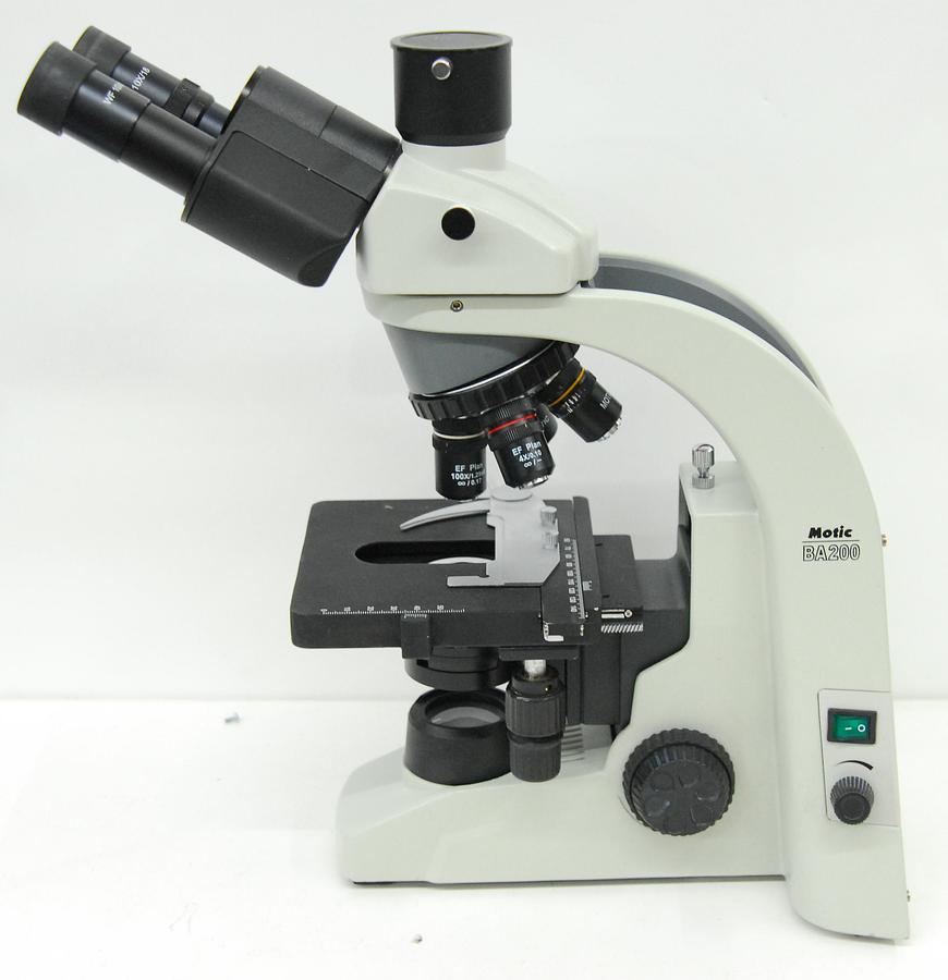 Used Motic BA200 Trinocular Microscope W/ EF Plan 4/10/40/100 Objectives