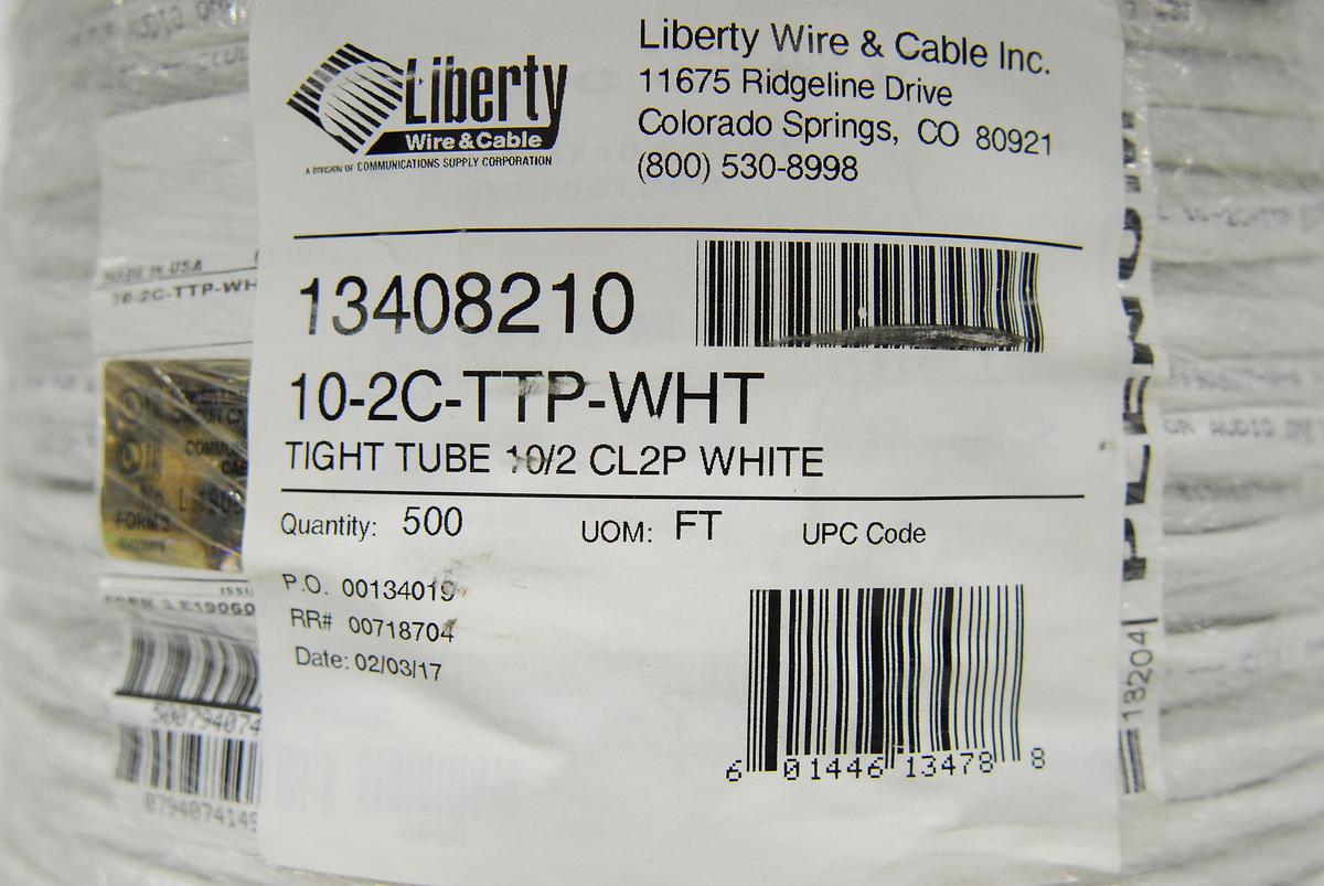 Used Liberty 10-2C-TTP-WHT 500ft 2-Wire 10AWG Plenum-Rated Audio Cable