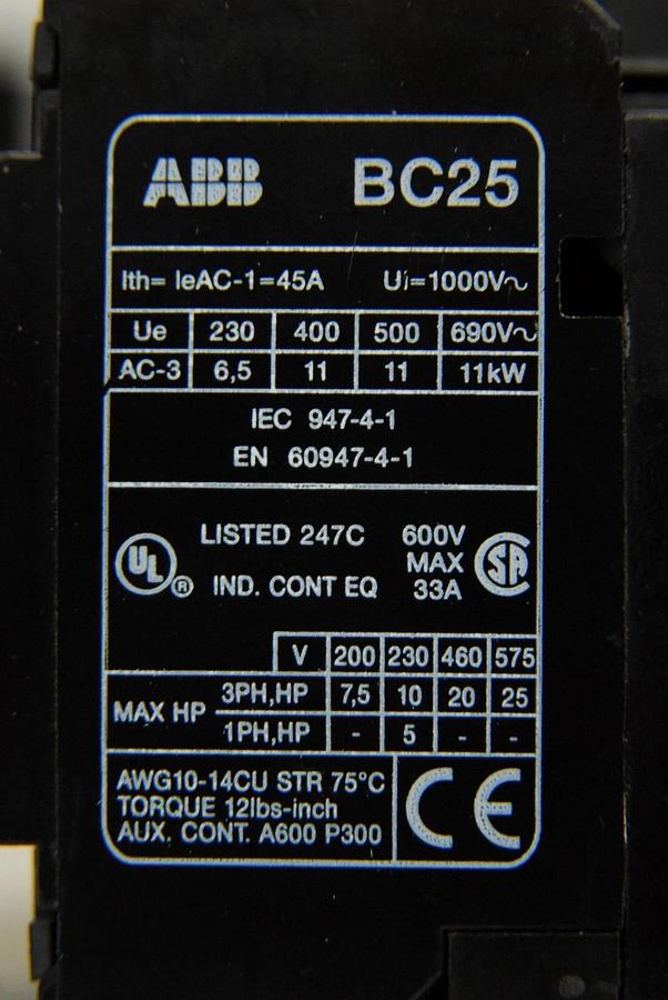Used ABB BC25 Contactor W/ ABB BC25-40-31 Contact Block