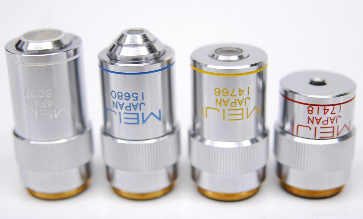 Used Meiji S.FlatField Microscope Objective Lens Set - 4x/10x/40x/100x 160/0.17 RMS