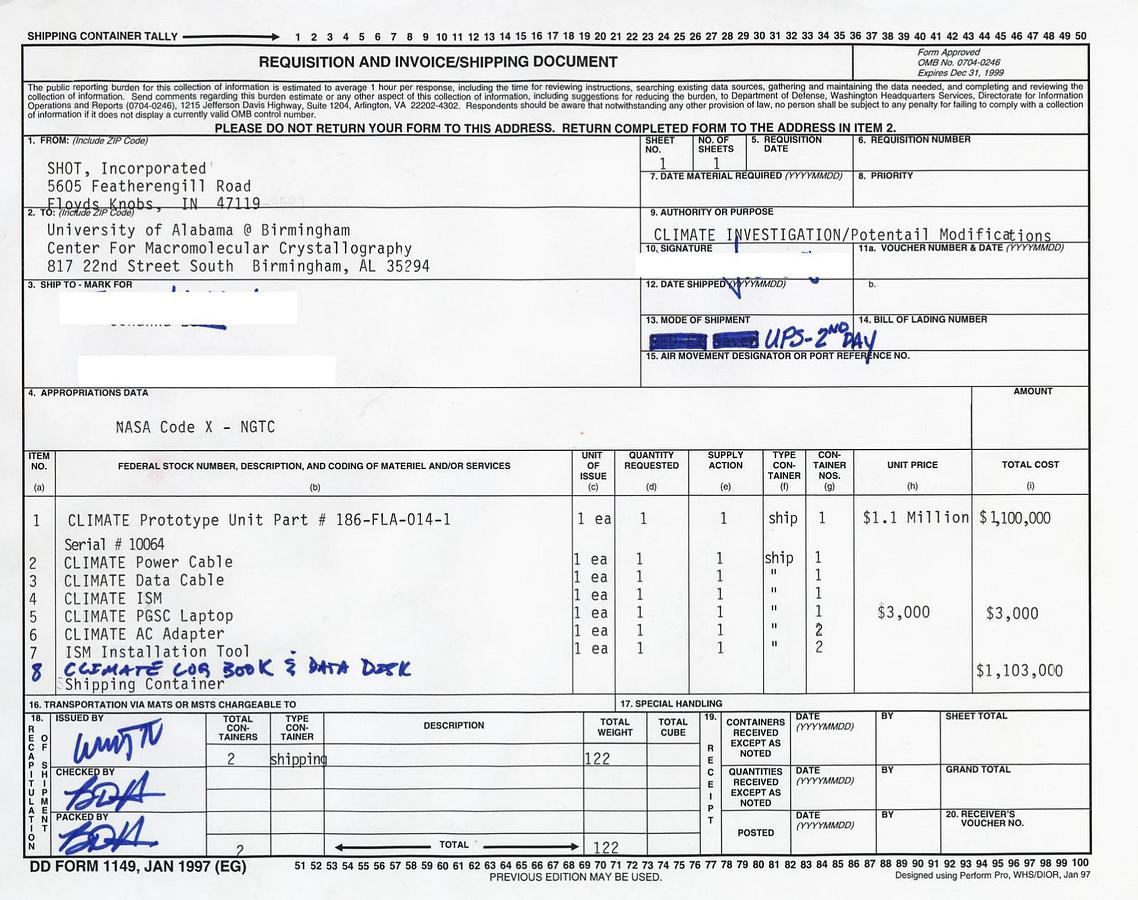 Used ISS Space Hardware from 1999 UAB/SHOUT Climate Single Locker Payload Prototype