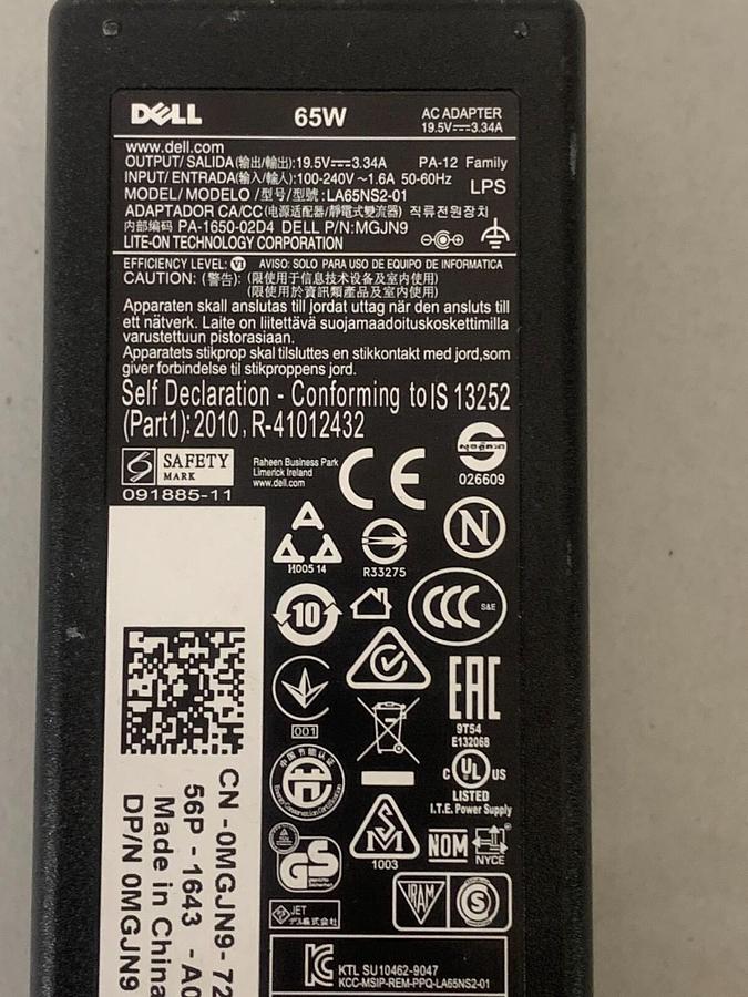 Used Dell Laptop AC Adapter Charger 65 Watt 19.5v 3.34a LA65NS2-01