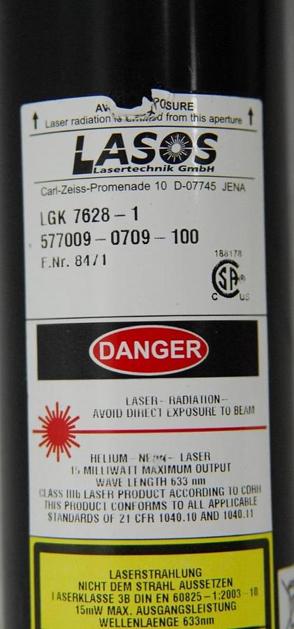 Used Lasos LGK 7628-1 633nm He-Ne Laser Module W/ LGN 7460 A Power Supply (LSM 510)