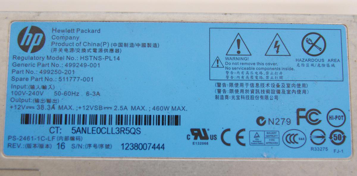 Used HP HSTNS-PL14 499249-001 499250-201 460W Hot-Pluggable Power Supply