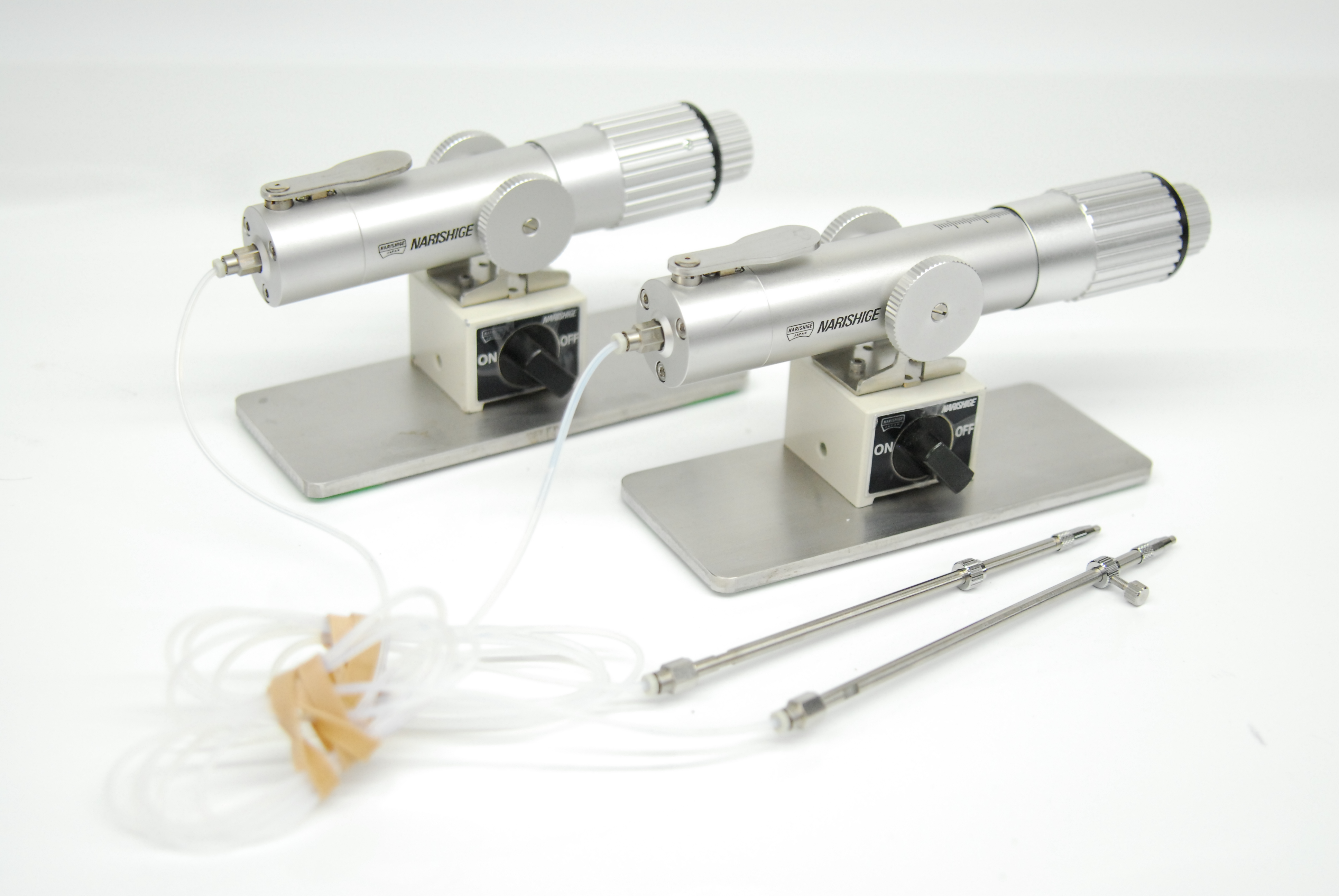Used Narishige IM-11-2A Pneumatic Microinjectors w/ HI-9 Holders Magnetic Bases - Lot of 2