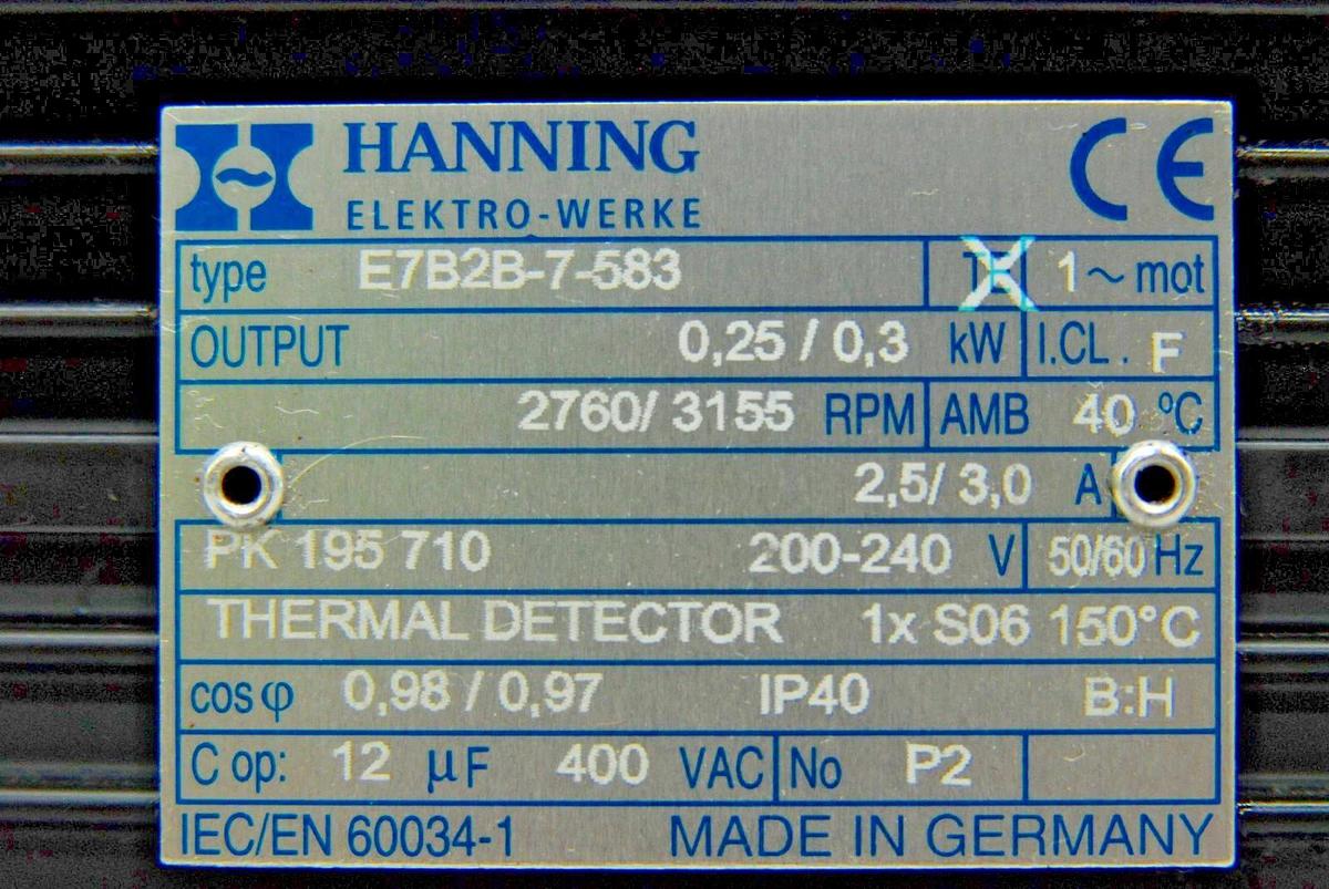 Used Hanning E7B2B-7-583 1-phase AC Motor 200-240VAC 2760/3155RPM (Pfiffer DUO 3)