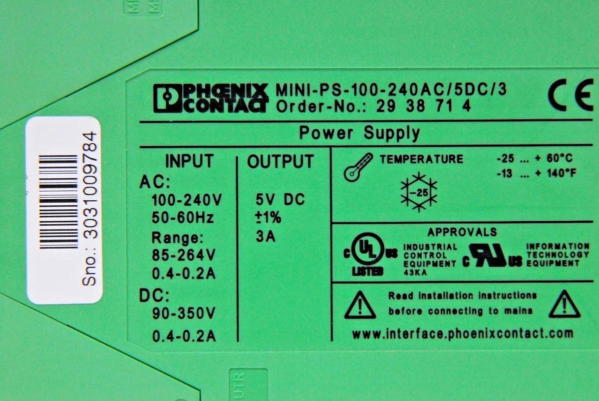 Used Phoenix Contact MINI-PS-100-240AC/5DC/3 DIN rail Mount Power Supply 5V 3A