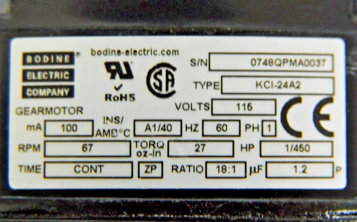 Used Bodine Electric KCI-24A2 0748 AC Gearmotor (115V, 18:1 Ratio, 1/450 HP, 67 RPM)