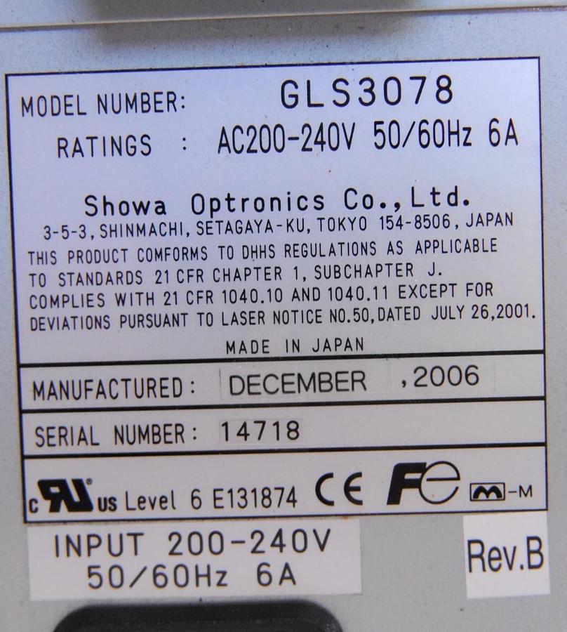 Used Showa Optronics GLG3078 Argon Laser 450-515nm 150mW W/ GLS3078 Power Supply