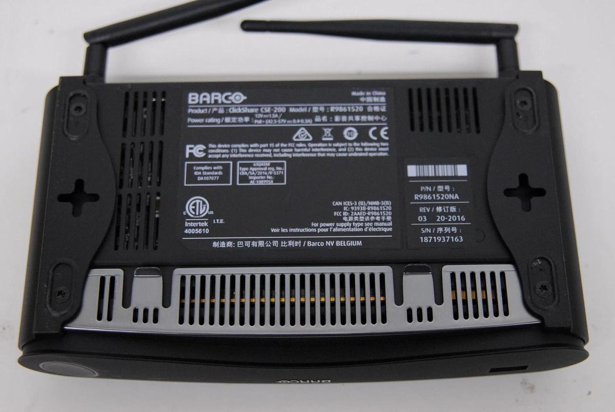 Used Barco ClickShare CSE-200 R9861520 W/ 4 Buttons, Button Holder, Power Adapter