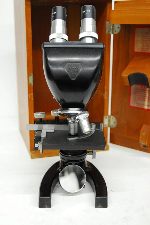 Used Vintage Bausch & Lomb Binocular Microscope W/ 43x/97x Obj/Case/WF 10X Eyepieces