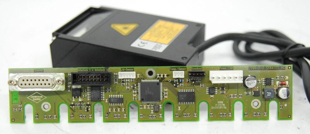 Used Leuze BCL 148.70 50113233 650nm Laser Barcode Scanner W/ Stratec 2096-0-3 Board
