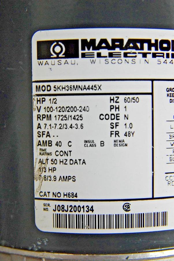 Used Marathon Electric H684 5KH36MNA445AX Motor 1/2 HP 1725 Rpm 100-120/200-240 V 48Y