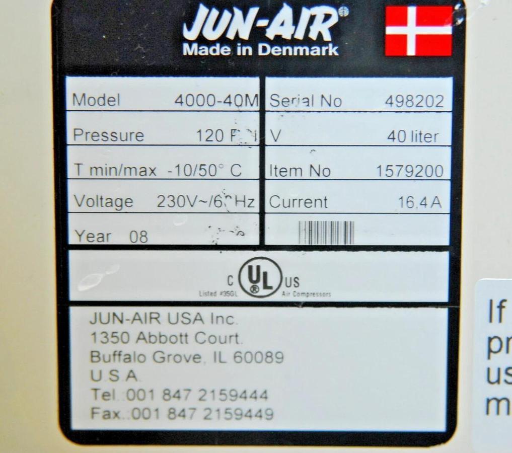 Used JUN-AIR 4000-40M Oil-less Cabinet Air Compressor (40 Liter 120PSI) 1579200