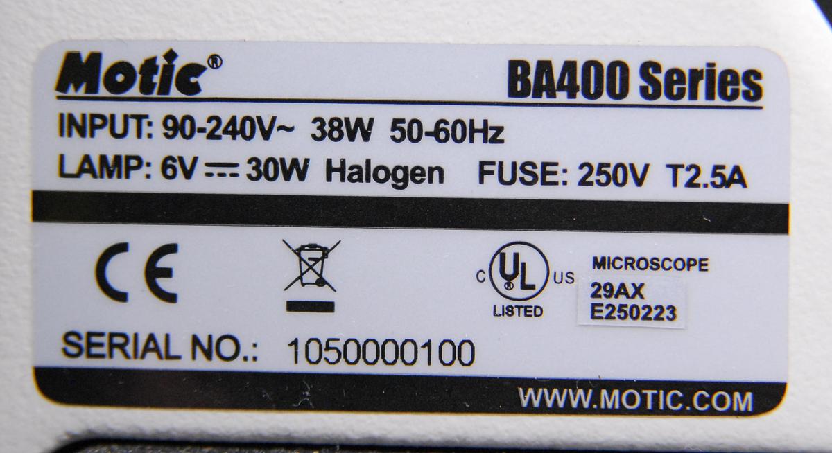 Used Motic BA400 Trinocular Phase Contrast Microscope W/ 4/10/20/40/100 Objectives