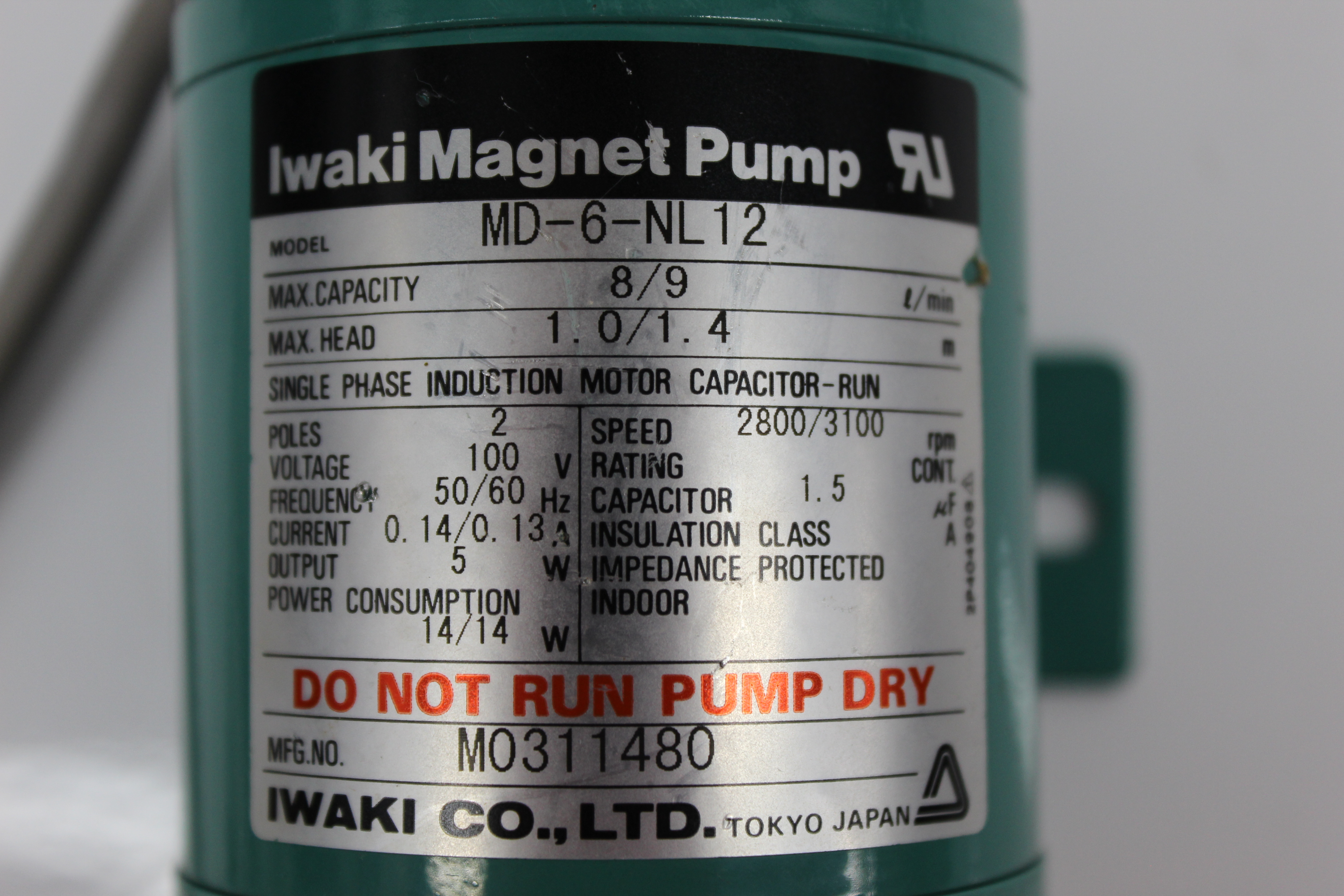 Used Iwaki Magnet Pump MD-6-NL12 Single Phase 100V 0.14A 5W