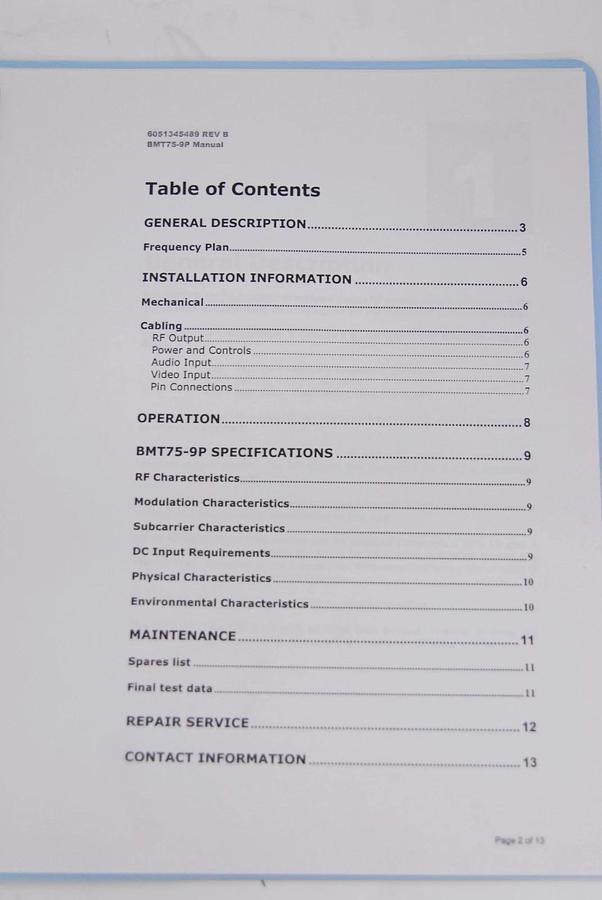 Used Broadcast Microwave Services BMS BMT75-9PN 6.425-6.525 GHz Transmitter W/ Manual