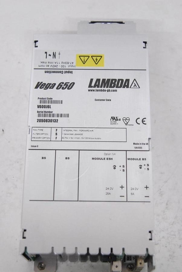 Used Lambda Vega 650 V600J6L Power Supply 24V 25A/6A (Modules E5H, B5)