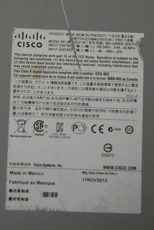 Used Cisco Catalyst 4500-X Series (WS-C4500X-F-16SFP+) 16x10 Gigabit Ethernet Switch