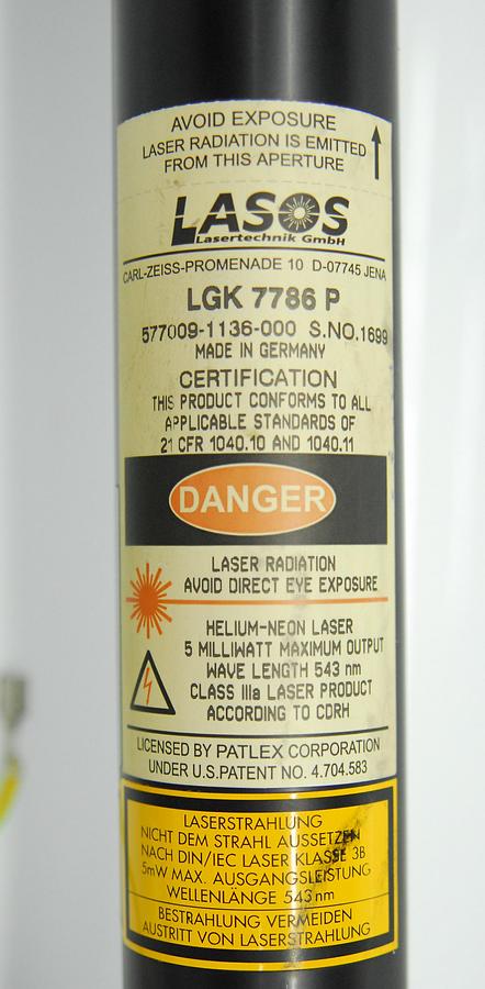 Used Lasos LGK 7786 P He-Ne 543nm Laser Tube Head (Green) w/ LGN 7460 A Power Supply