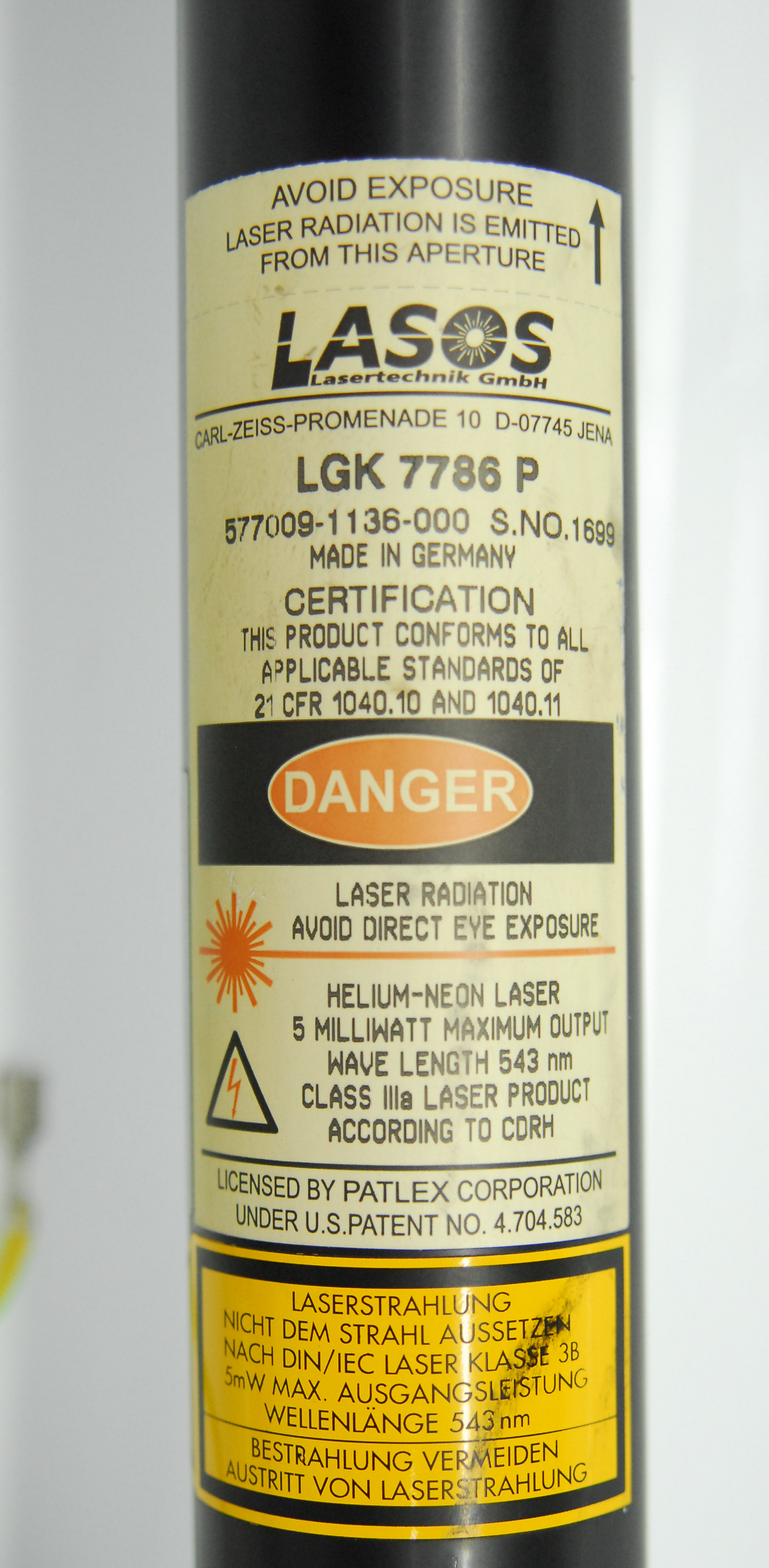 Used Lasos LGK 7786 P He-Ne 543nm Laser Tube Head (Green) w/ LGN 7460 A Power Supply